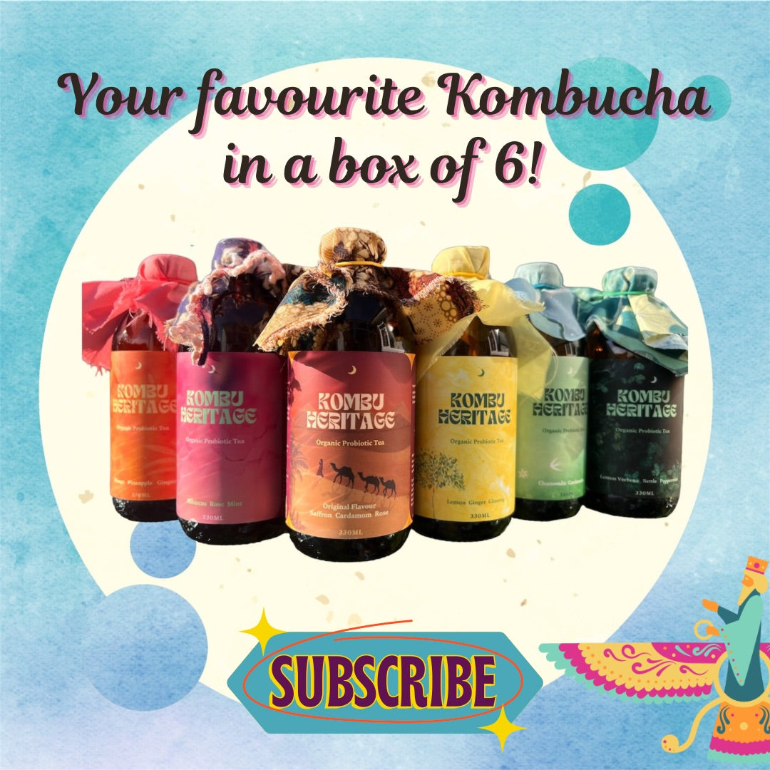 An image shows six bottles of Seedling Sip 6X arranged in a row, each with colorful labels and fabric covers secured by string. Above the bottles, text reads: "Your favourite Kombucha flavours in a box of 6 from KombuHeritage!" Below the bottles, a starburst design features the word “SUBSCRIBE” for your monthly delivery.