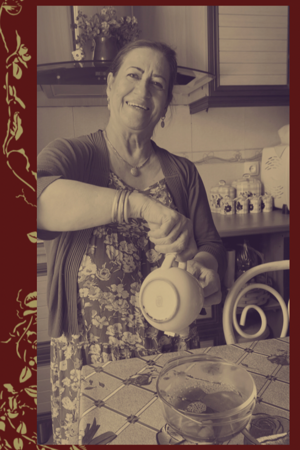 Sepia-toned image of a smiling elderly woman pouring tea in a cozy kitchen, surrounded by vintage decor. The image features a decorative floral border, emphasizing warmth, tradition, and homeliness.